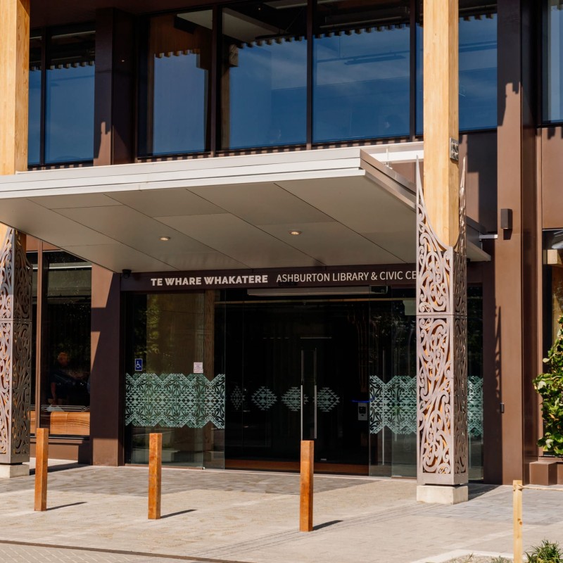 Entrance to Te Whare Whakatere Ashburton Library and Civic Centre