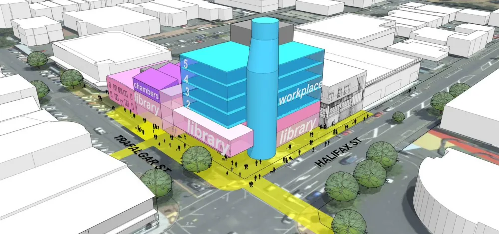 Council's concept image for Option 1: an aerial massing diagram at the corner of Trafalgar Street and Halifax Street. Coloured blocks show a pink library at street level, council chambers alongside it, and blue workplace floors above numbered two to five, with a tall round tower element. Yellow shading marks widened footpaths along both streets.