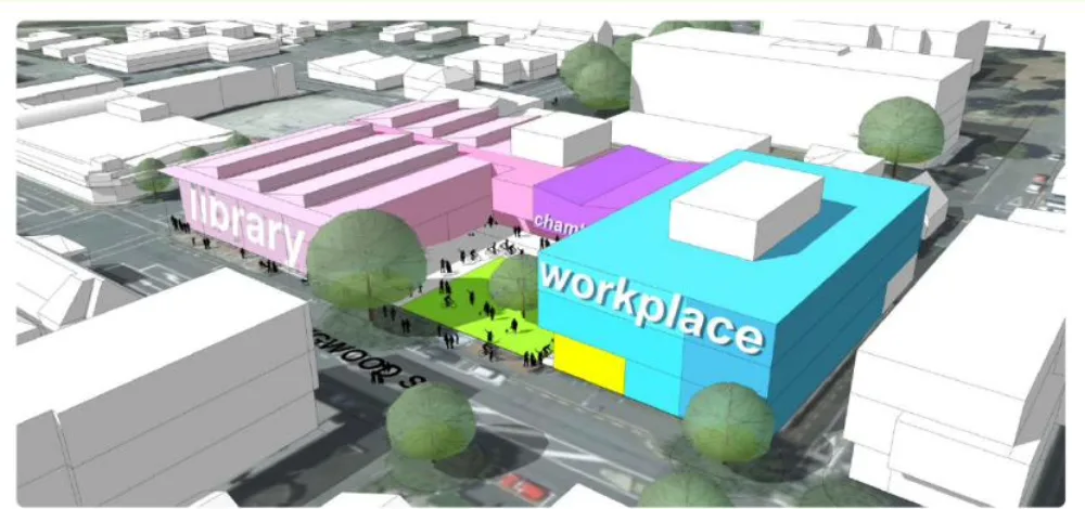Council's concept image for Option 2: an aerial massing diagram of the Collingwood Street site. A long pink library block with a saw-tooth roof sits beside a purple council chambers block and a blue workplace block, with a green public lawn opening onto the street between them.