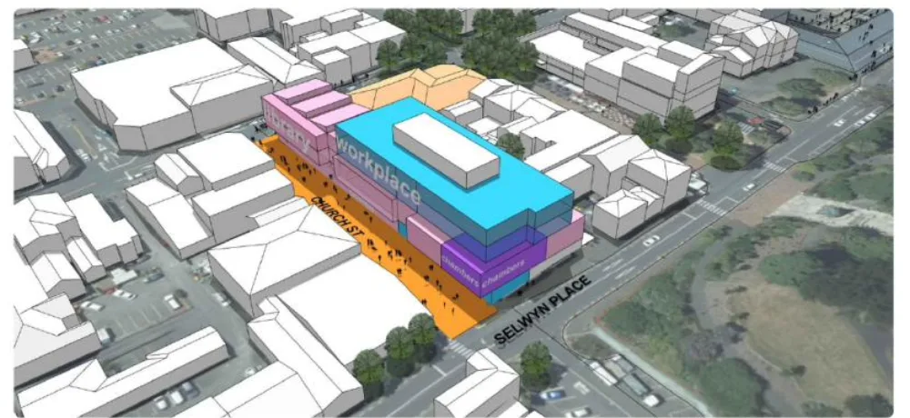 Council's concept image for Option 3: an aerial massing diagram of the Church Street site running down to Selwyn Place. Orange shading marks Church Street closed to traffic as public space, with a pink library block, a purple council chambers block and a blue workplace level above them.
